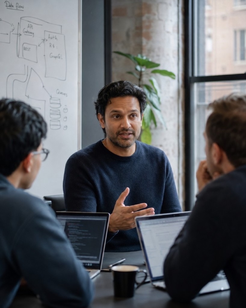 An engineer talking through an architecture with two colleagues at a table, a data-flow sketch on the whiteboard behind.